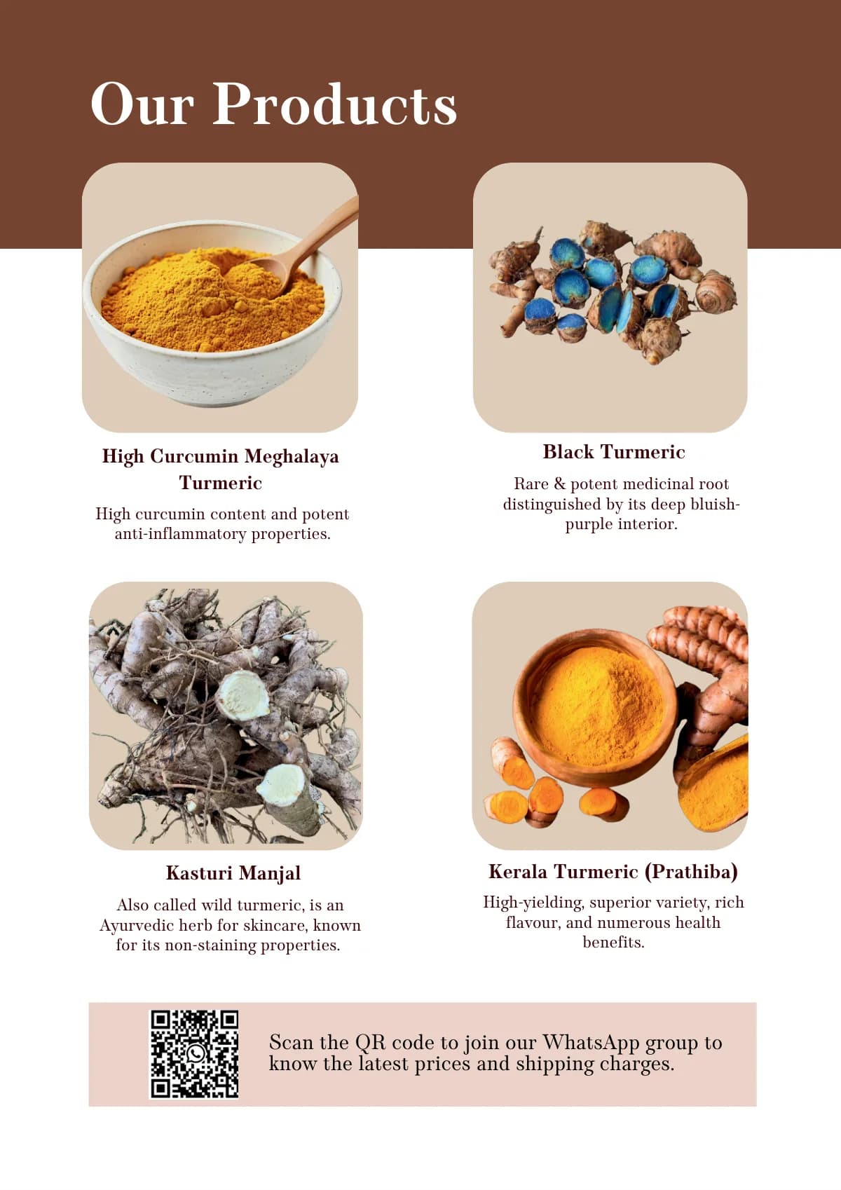 Our products — turmeric varieties and Kasturi Manjal