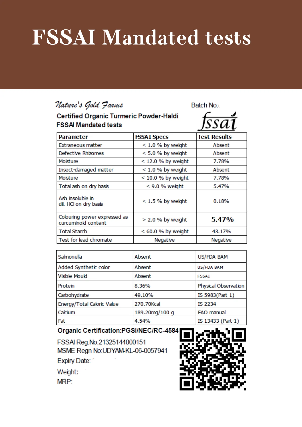 FSSAI mandated tests — certified organic turmeric powder