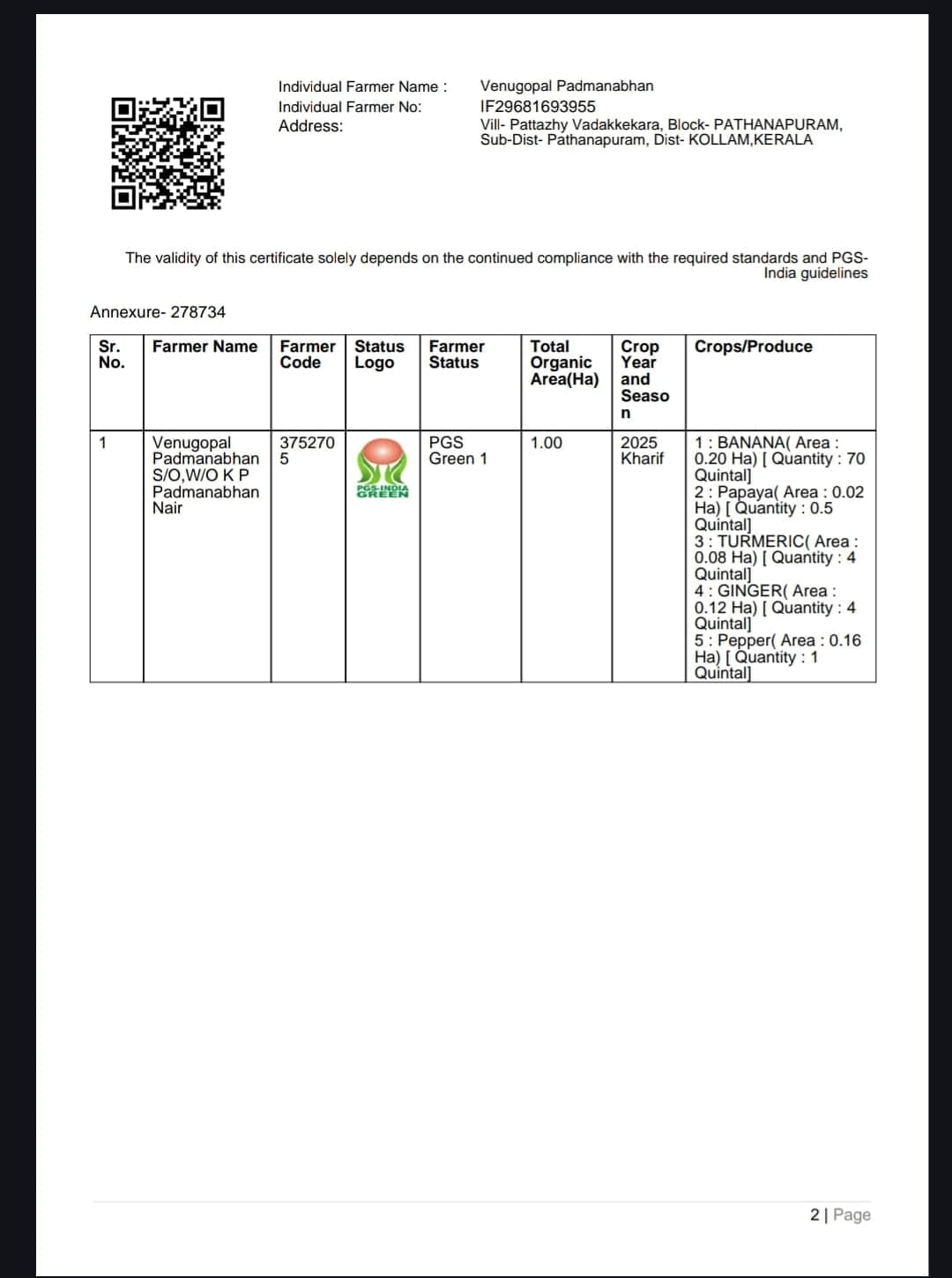PGS-India Green organic certificate